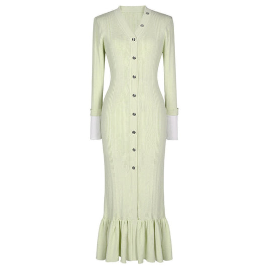 Sandro Elegant V-Neck Mermaid Knit Dress with Button Detail