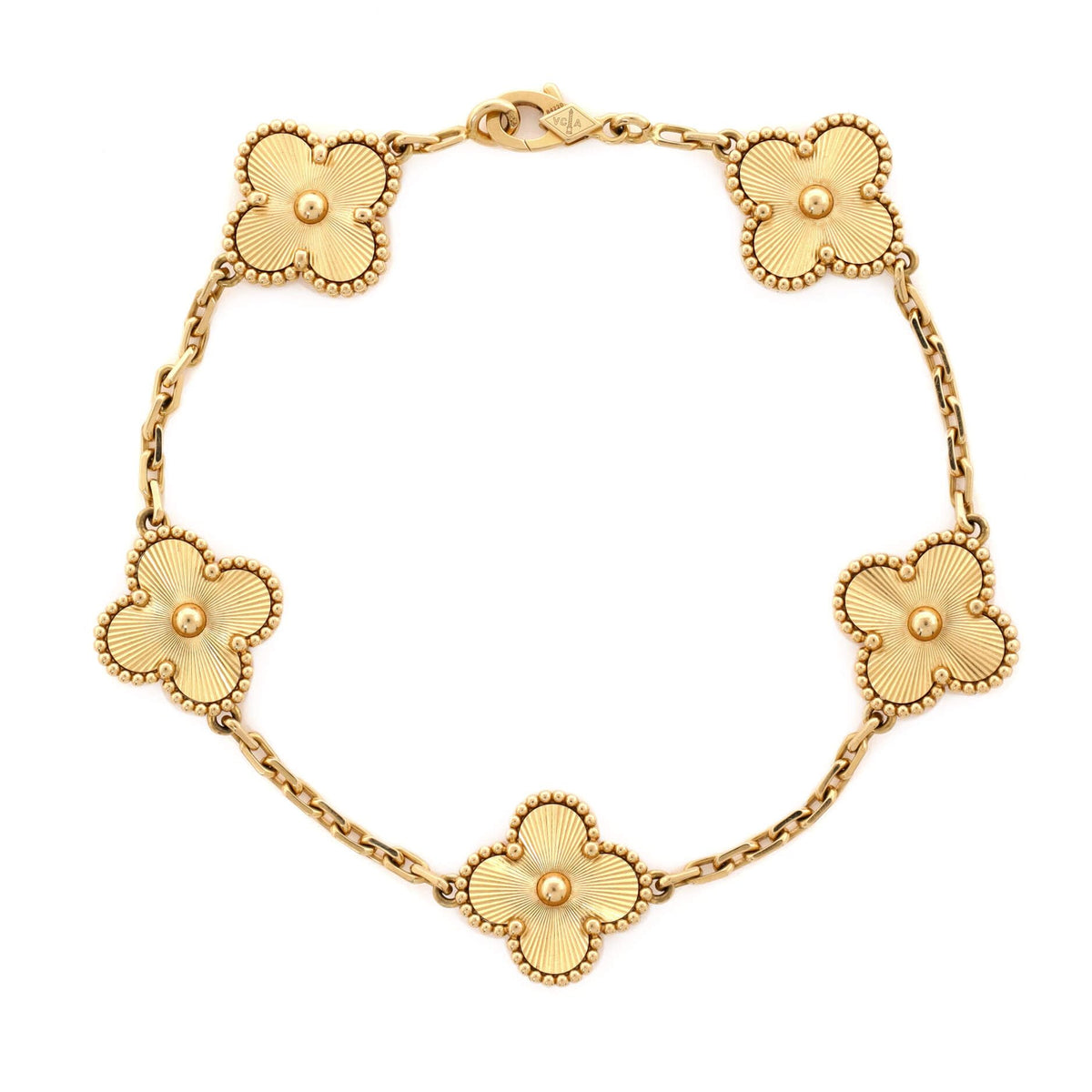 VCA 5 Motifs Bracelet Necklace Earrings Guilloche 18K Yellow Gold