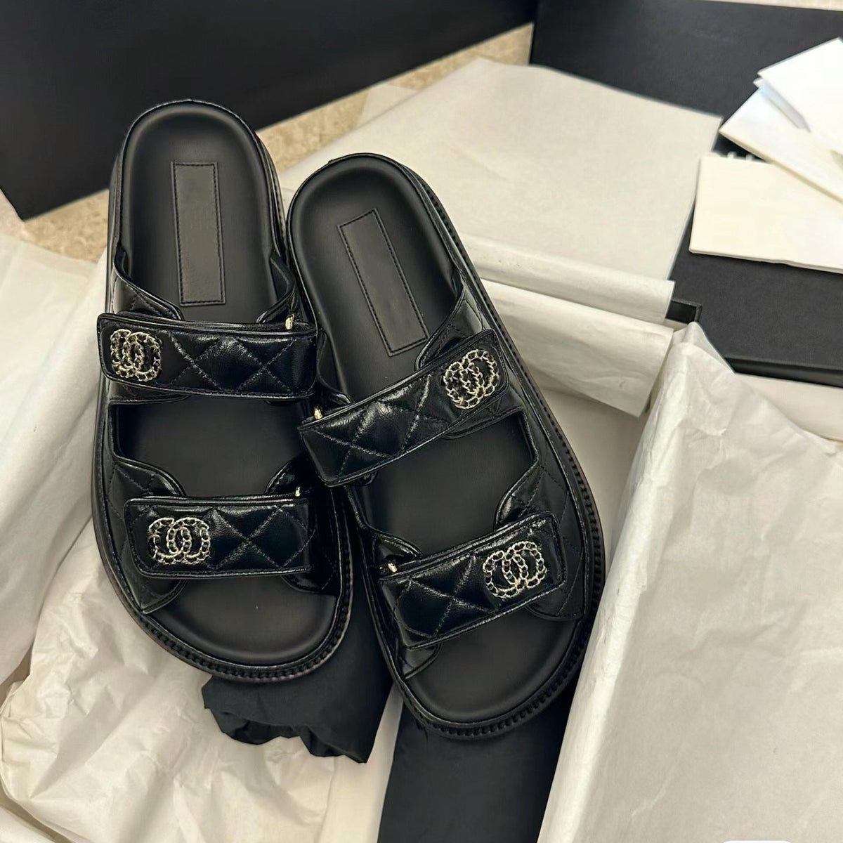 Chanel White Black Leather Sandal